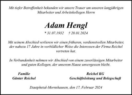 Traueranzeige von Adam Hengl von Hinterländer Anzeiger