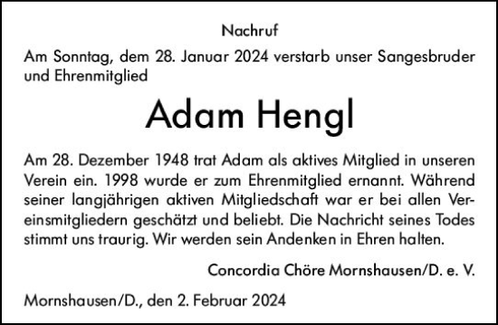 Traueranzeige von Adam Hengl von Hinterländer Anzeiger