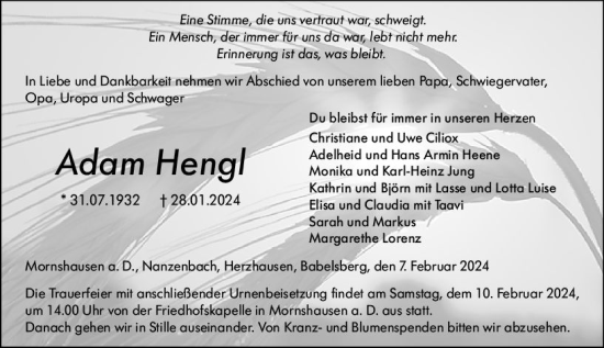 Traueranzeige von Adam Hengl von Hinterländer Anzeiger