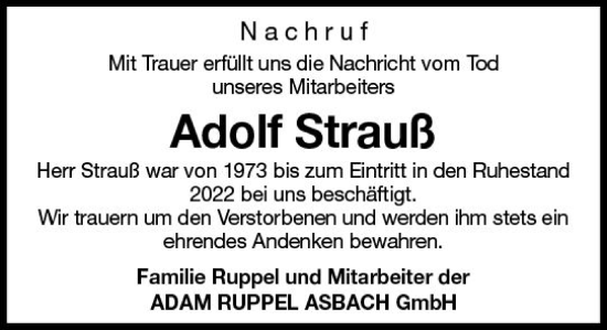 Traueranzeige von Adolf Strauß von Darmstädter Echo