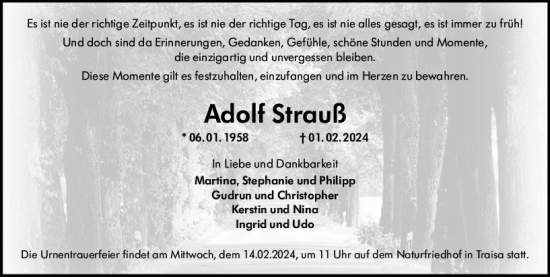 Traueranzeige von Adolf Strauß von Darmstädter Echo
