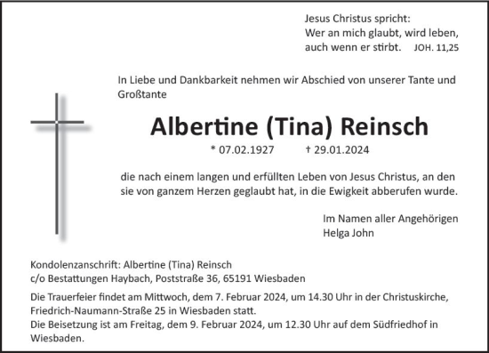Traueranzeige von Albertine Reinsch von Wiesbadener Kurier
