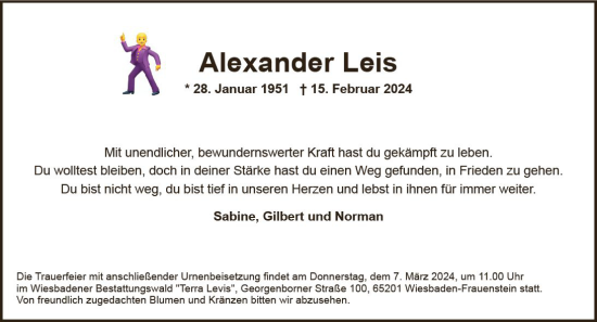 Traueranzeige von Alexander Leis von Wiesbadener Kurier