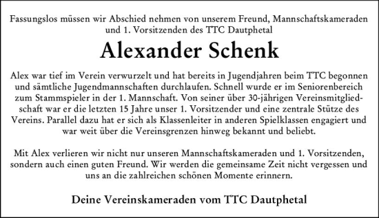 Traueranzeige von Alexander Schenk von Hinterländer Anzeiger