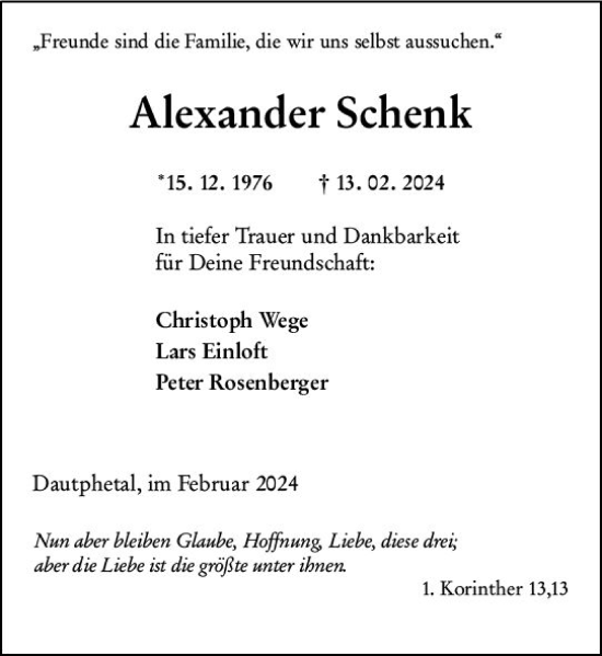 Traueranzeige von Alexander Schenk von Hinterländer Anzeiger
