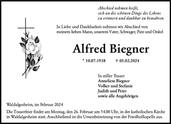 Traueranzeige von Alfred Biegner von Allgemeine Zeitung Bingen/Ingelheim