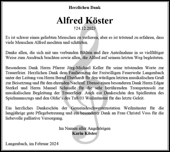 Traueranzeige von Alfred Köster von Weilburger Tageblatt