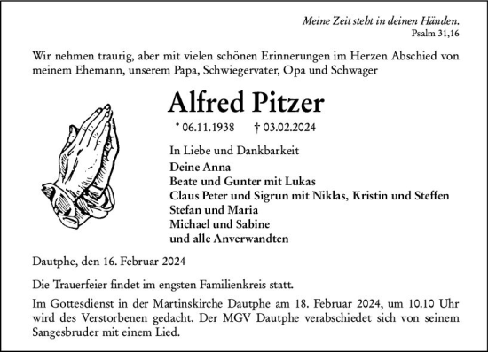 Traueranzeige von Alfred Pitzer von Hinterländer Anzeiger