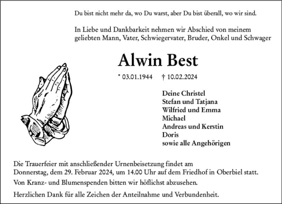 Traueranzeige von Alwin Best von Wetzlarer Neue Zeitung
