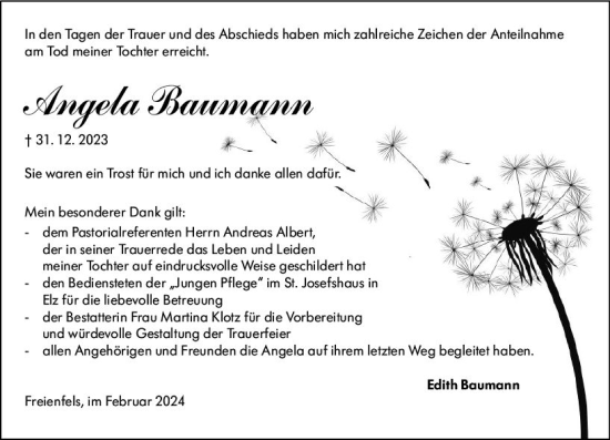 Traueranzeige von Angela Baumann von Weilburger Tageblatt