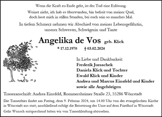 Traueranzeige von Angelika de Vos von Allgemeine Zeitung Alzey