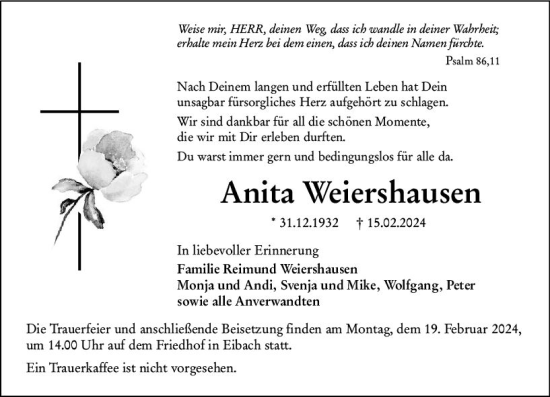 Traueranzeige von Anita Weiershausen von Dill Block