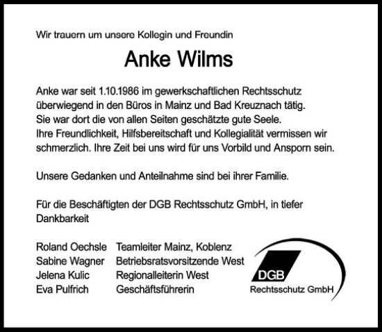 Traueranzeige von Anke Wilms von Allgemeine Zeitung Bad Kreuznach