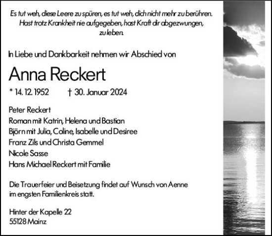 Traueranzeige von Anna Reckert von Allgemeine Zeitung Mainz