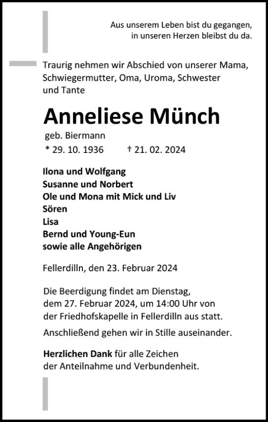 Traueranzeige von Anneliese Münch von Dill Block