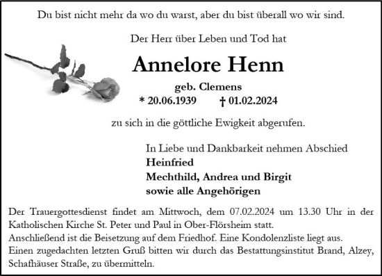 Traueranzeige von Annelore Henn von Allgemeine Zeitung Alzey