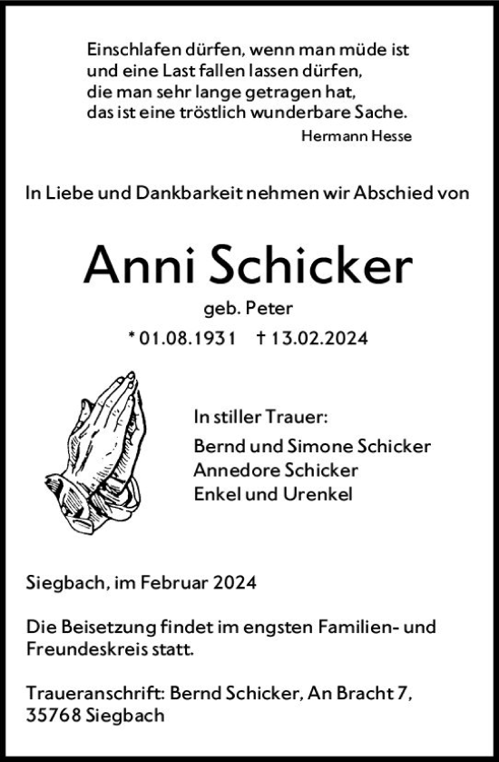 Traueranzeige von Anni Schicker von Dill Block