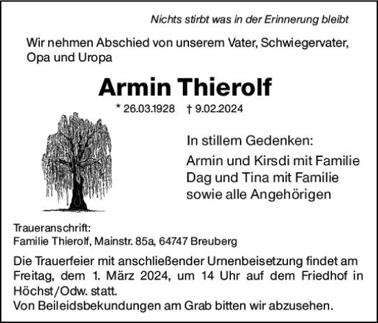 Traueranzeige von Armin Thierolf von Odenwälder Echo