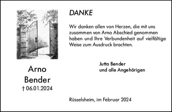 Traueranzeige von Arno Bender von Rüsselsheimer Echo