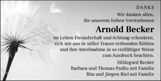 Traueranzeige von Arnold Becker von Camberger Anzeiger