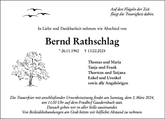 Traueranzeige von Bernd Rathschlag von Weilburger Tageblatt