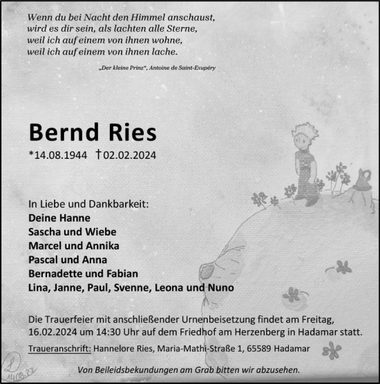 Traueranzeige von Bernd Ries von Nassauische Neue Presse