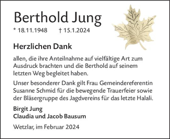 Traueranzeige von Berthold Jung von Wetzlarer Neue Zeitung