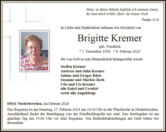 Traueranzeige von Brigitte Kremer von Camberger Anzeiger