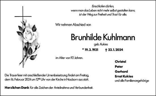 Traueranzeige von Brunhilde Kuhlmann von Weilburger Tageblatt