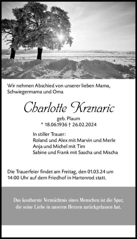 Traueranzeige von Charlotte Krznaric von Hinterländer Anzeiger