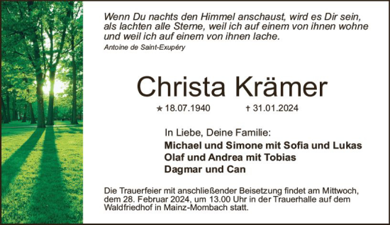 Traueranzeige von Christa Krämer von Allgemeine Zeitung Mainz