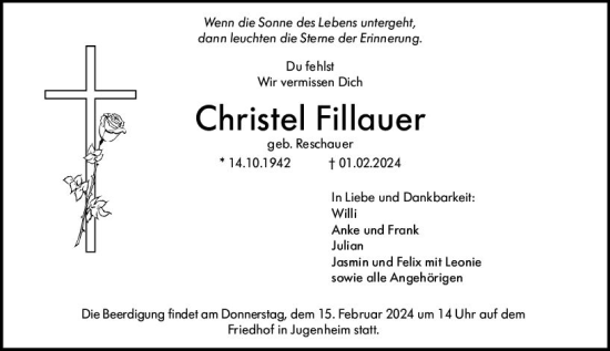 Traueranzeige von Christel Fillauer von Darmstädter Echo