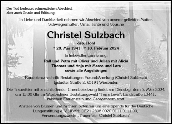 Traueranzeige von Christel Sulzbach von Wiesbadener Kurier
