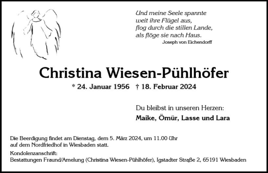 Traueranzeige von Christina Wiesen-Pühlhöfer von Wiesbadener Kurier