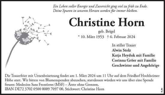 Traueranzeige von Christine Horn von Wormser Zeitung