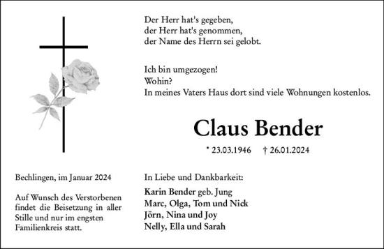 Traueranzeige von Claus Bender von Wetzlarer Neue Zeitung