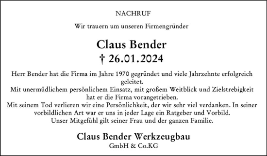 Traueranzeige von Claus Bender von Wetzlarer Neue Zeitung