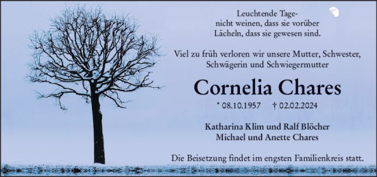 Traueranzeige von Cornelia Chares von Hinterländer Anzeiger