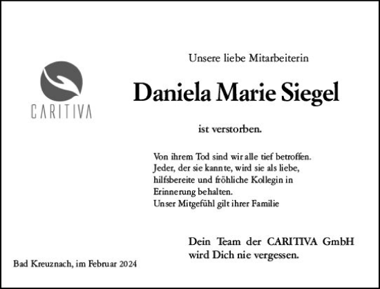 Traueranzeige von Daniela Marie Siegel von Allgemeine Zeitung Bad Kreuznach