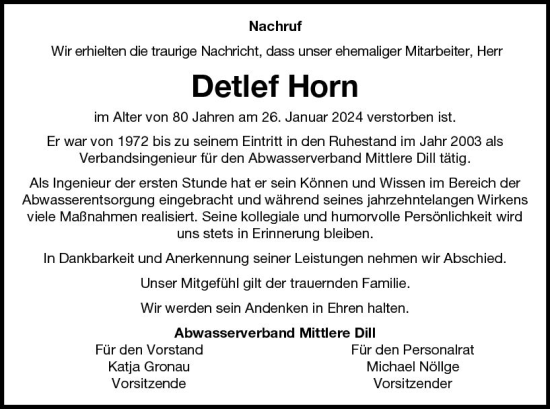 Traueranzeige von Detlef Horn von Dill Block