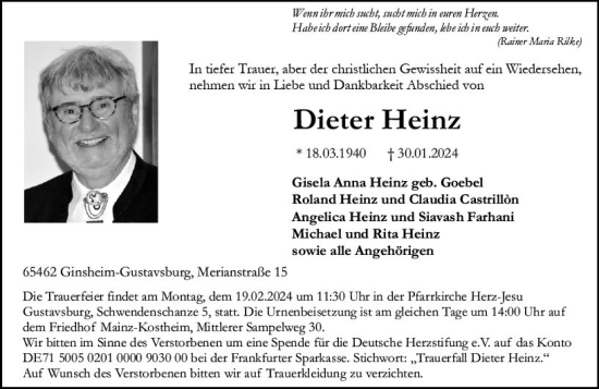 Traueranzeige von Dieter Heinz von Allgemeine Zeitung Mainz