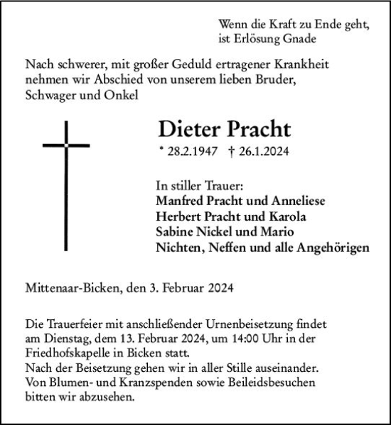 Traueranzeige von Dieter Pracht von Dill Block