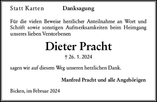 Traueranzeige von Dieter Pracht von Dill Block