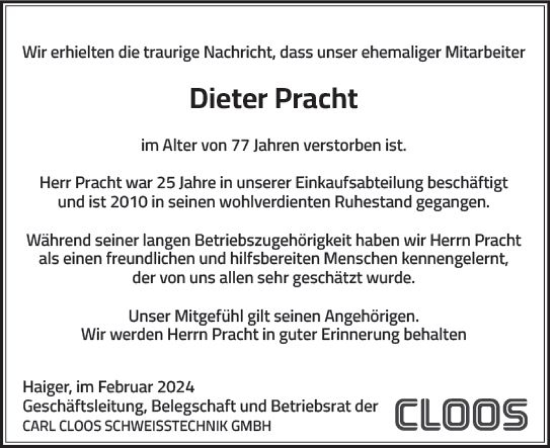 Traueranzeige von Dieter Pracht von Dill Block
