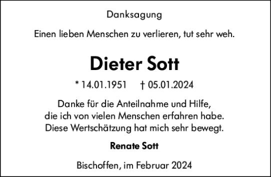 Traueranzeige von Dieter Sott von Dill Block