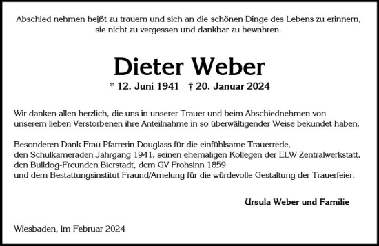 Traueranzeige von Dieter Weber von Wiesbadener Kurier