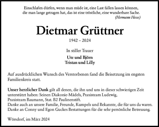 Traueranzeige von Dietmar Grüttner von Idsteiner Land/Untertaunus