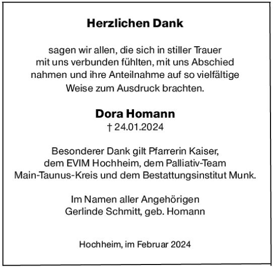 Traueranzeige von Dora Homann von Hochheimer Zeitung