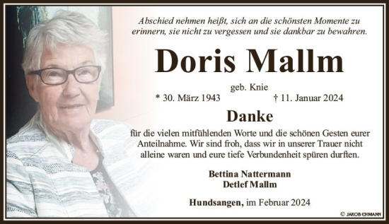 Traueranzeige von Doris Mallm von Nassauische Neue Presse