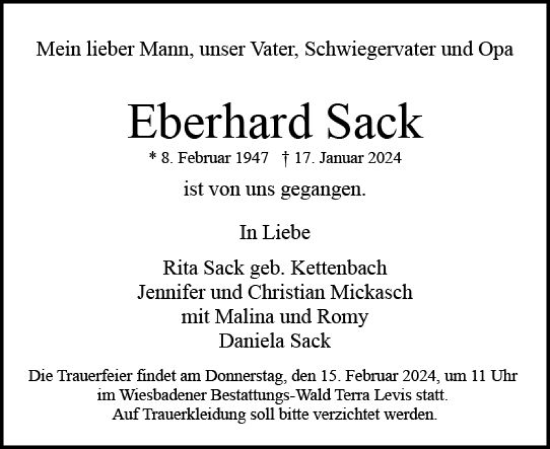 Traueranzeige von Eberhard Sack von Wiesbadener Kurier